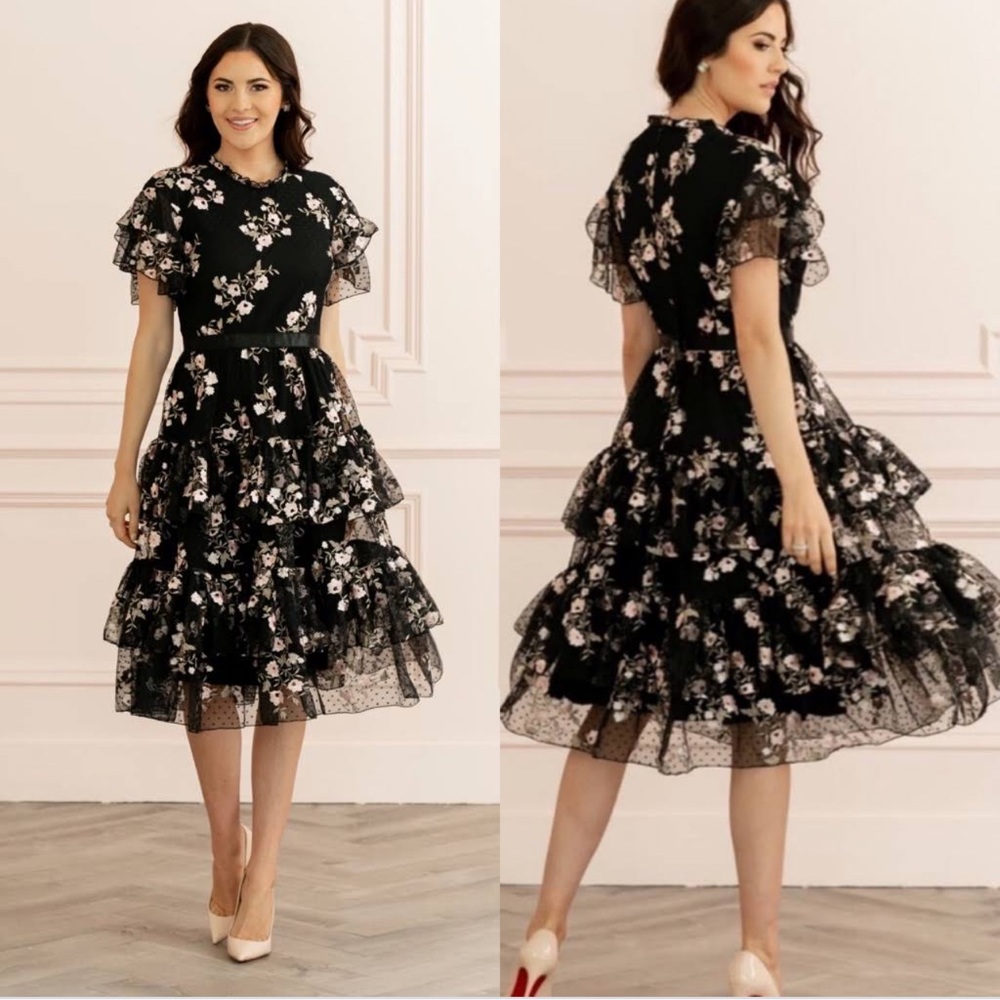 Floral Tiered Black Midi Dress